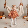 thumbnail image 3 of RUINIXCW Newborn Baby Girl Halloween Outfit Smocked Bubble Romper Infant Baby Girl Fall Clothes Pumpkin Print Long Sleeve Bodysuit Jumpsuit Headband, 3 of 10