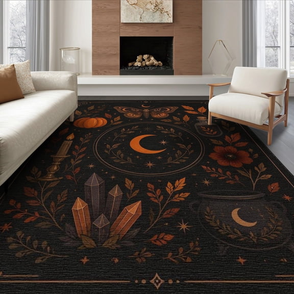 ODIKA 8'x10' Washable Area Rug Midnight Black Mystical Autumn Design Elegant Celestial with Seasonal Accents for Dining Room, Large Office, Lounge, Non-Slip Chair-Friendly Mat