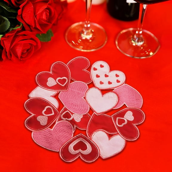 Valentines Day Placemats, Round Red Placemats for Wedding Anniversary,Embroidered Heart Table Placemats Indoor Outdoor Love for Dining Party Decor,Love Heart Table Placemats for Valentine's Day