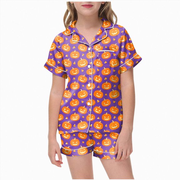 Xyant Halloween Pajamas for Girls Pumpkin Ghost Short Sleeve 2 Piece Button Down Pjs Set for Kids Soft Sleepwear Toddler Girl Pajamas,Size 8-9 Years