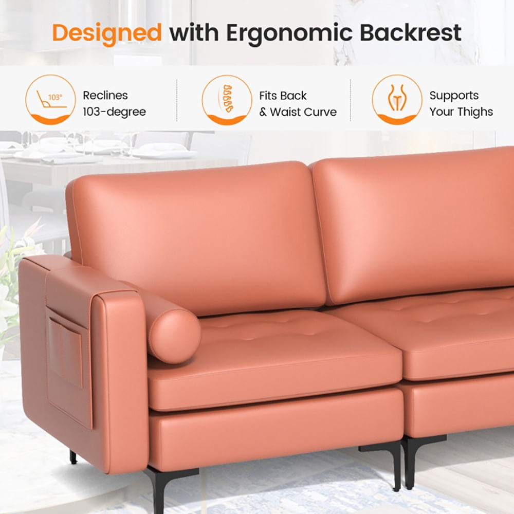 Finihen Sectional Sofa Couch, 3-Seat Sofa Sectional with Side Storage Pocket and Metal Leg, for Living Room, Bedroom, Pink Finihen Sectional Sofa Couch, 3-Seat Sofa Sectional with Side Storage Pocket and Metal Leg, for Living Room, Bedroom, Pink
