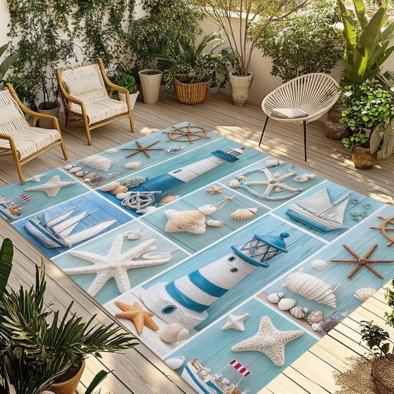 Fsddascl Ocean Coastal Outdoor Rug for Patio/Deck/Porch, Non-Slip Large Area Rug 6 x 9 Ft, Nautical Starfish Lighthouse Anchor Ship Indoor Outdoor Rugs Washable Area Rugs, Camping Rug Carpet