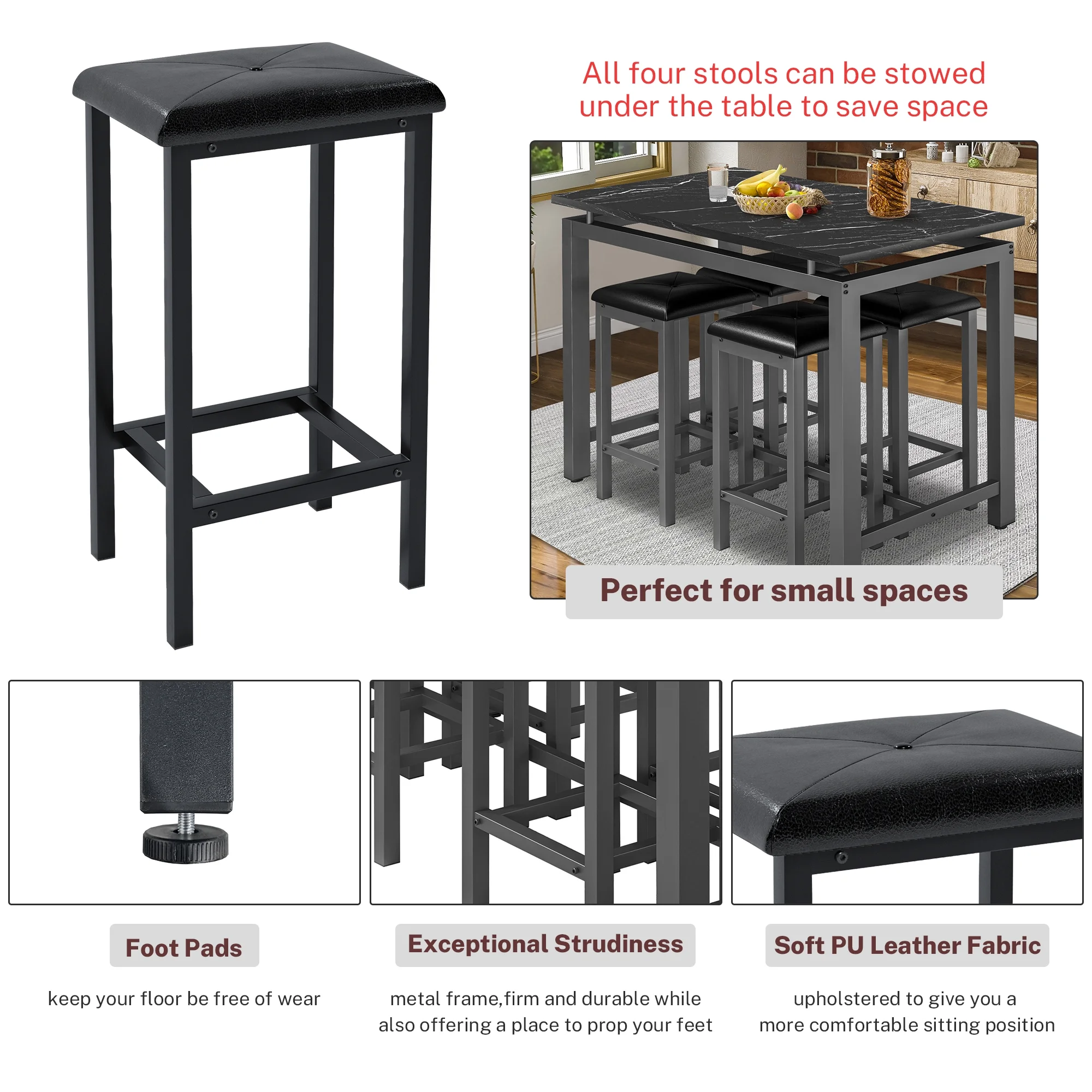 5-Piece Counter Height Bar Table Set, Modern Dining Table Set, Long Pub Table and 4 Stools, 4-Person Dining Table and Stools Set, Kitchen Side Table Set for Breakfast, Brown, D6412