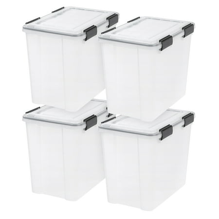 IRIS USA 32 Qt Storage Box with Gasket Seal Lid 4 Pack - BPA-Free Made in USA - Heavy Duty Moving Containers with Tight Latch Weather Proof Tote Bin WEATHERPRO - Clear/Black