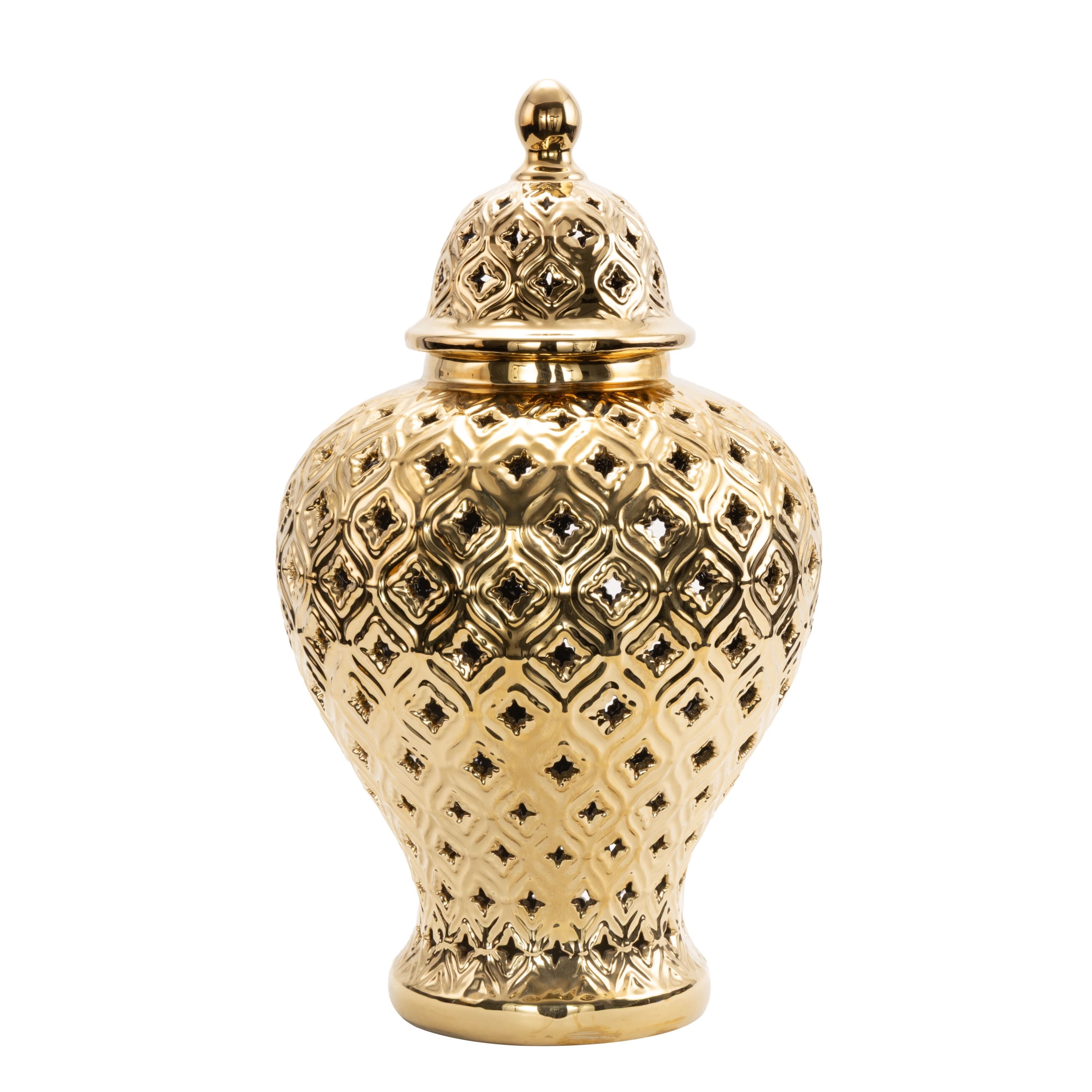 DecMode 10" x 18" Gold Ceramic Decorative Jars with Geometric Cutout Design and Lid, 1-Piece