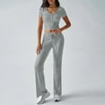 thumbnail image 2 of Bovxnpu Summer Casual Outfits For Women, 2 Piece Lounge Sets, Solid Color Button V-Neck Short Sleeved Top With Bandage Elastic Waistband Long Pants Casual Sports Set M, 2 of 5