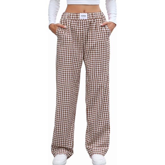 Gingham Wide Leg Pants Teen Girls Women Cute Grunge Elastic Waist Baggy Pj Pants 2000s Y2k Aesthetic Preppy Clothes