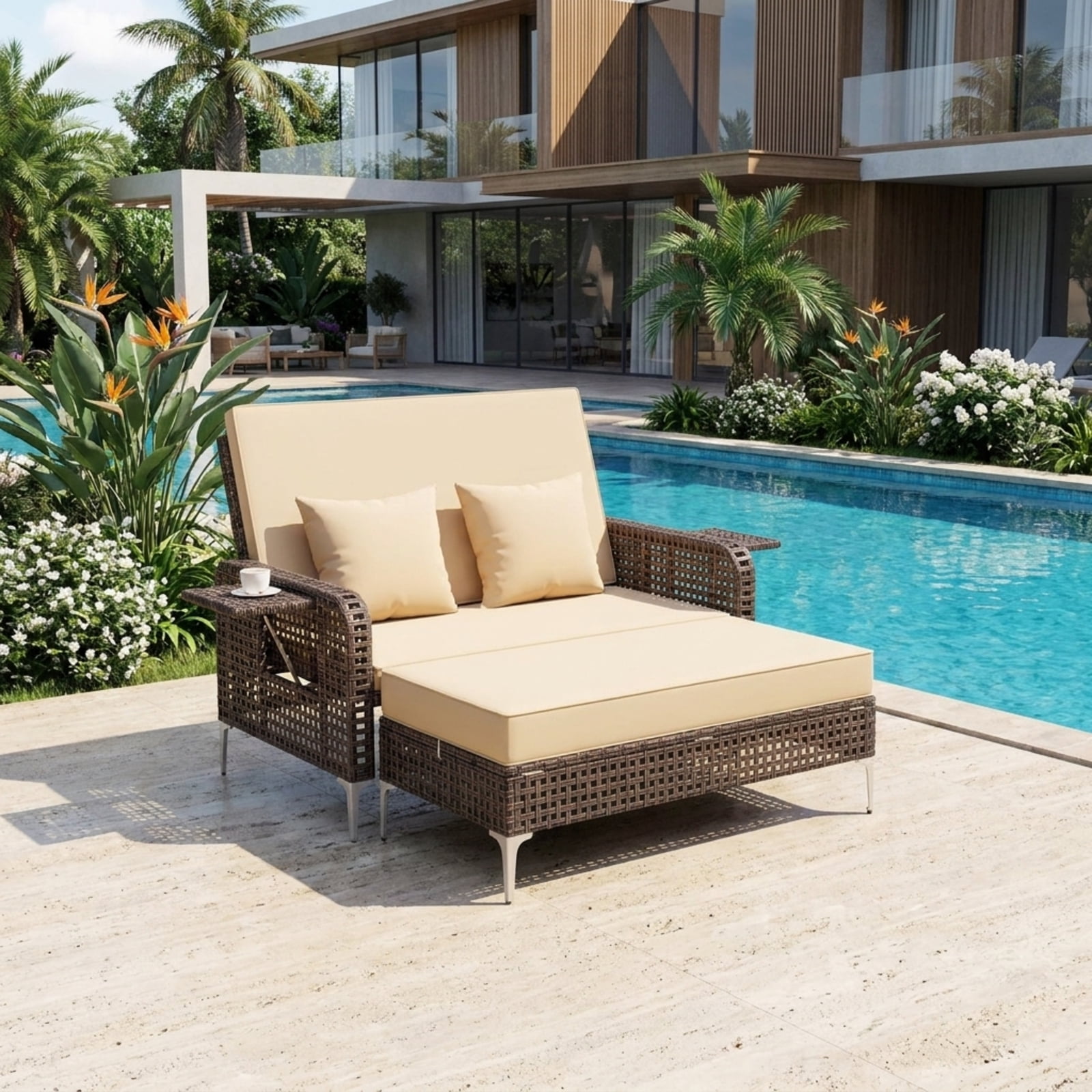 Furnibear 2 Piece Patio Rattan Daybed Outdoor Wicker Loveseat and Ottoman Set with Adjustable Backrest and Cushions for Garden Poolside Backyard, Brown