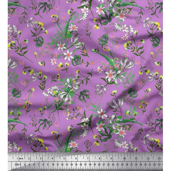 Soimoi Purple Japan Crepe Satin Fabric Leaves,Berries & Clematis Floral Print Fabric by Yard 42 Inch Wide