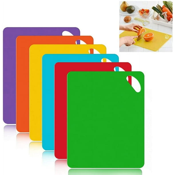 Bienvenido Tabla de Cortar de Plástico, Tabla Antideslizante con Símbolos de Alimentos y Asas, Tabla de Cortar de Plástico Antibacteriano Sin BPA para Pescado/Verduras/Carne (6 Piezas)