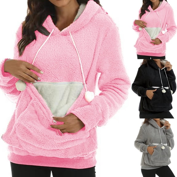 Women's Pet Pouch Hoodies with Cat Bag Plush Pet Carrier Sweatshirt with Cute Puppy Pocket Drawstring Casual Winter Pullover Top L