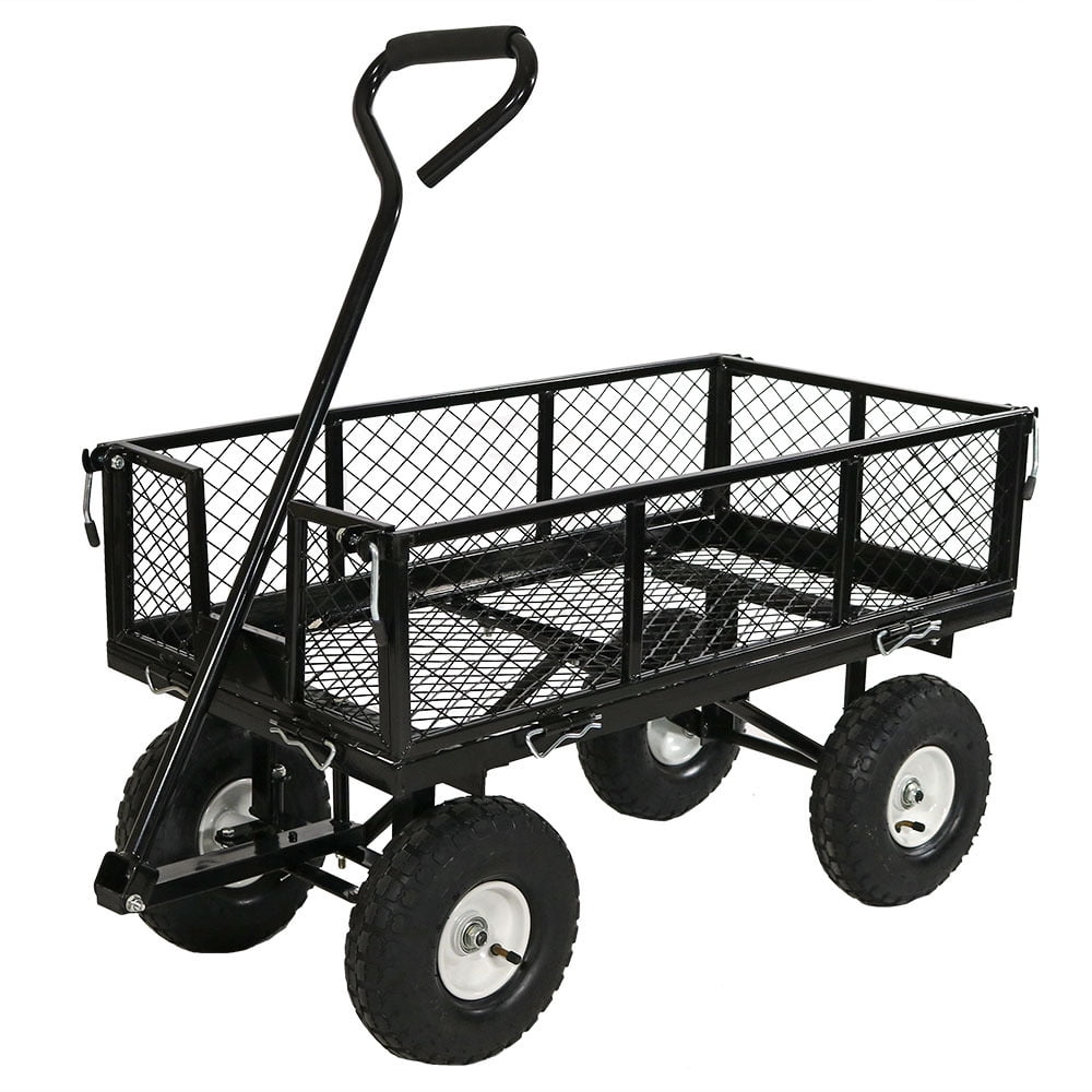 Sunnydaze Utility Steel Garden Cart Green Heavy-Duty 400 Pound Capacity Outdoor Lawn Wagon with Removable Sides 