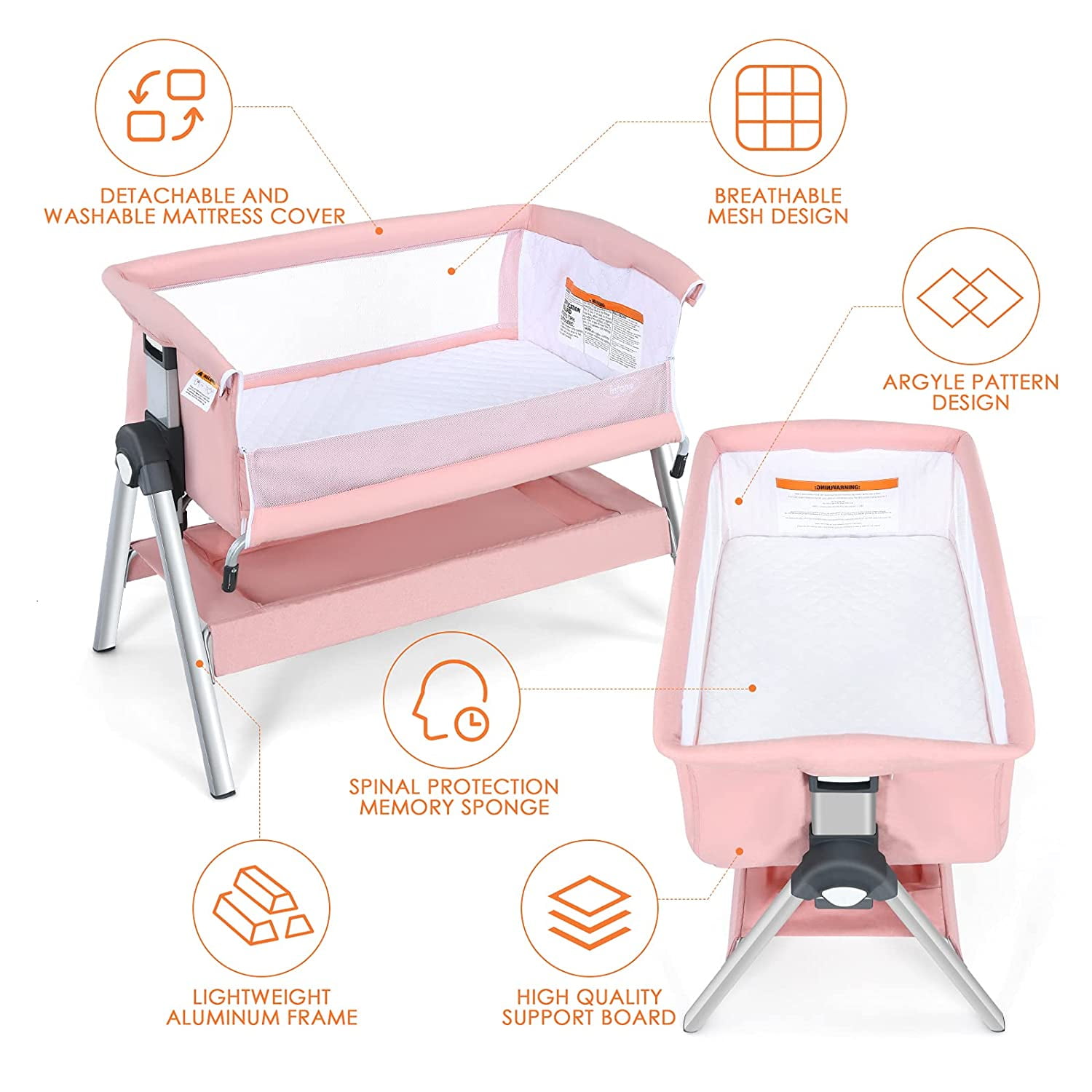 INFANS 3 in 1 Baby Bassinets, Bedside Sleeper for Newborn, Folding Crib with Mattress, Travel Bag, Wheels, 4-Sided Mesh, Easy to Assemble Cradle Co Sleeper Stationary Rock, Pink