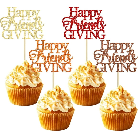 12pcs Happy Friendsgiving Cupcake Toppers Glitter Fall Theme Thanksgiving Cupcake Picks Give Thanks Cake Decorations for Happy Thanksgiving Day Theme Birthday Party Supplies Multi