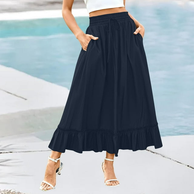 Tidyack,Solid Color Women Skirt, Elastic Waist Drawstring, Mid Length Ruffle, Casual Styling, Daily Wear, Versatile Fashion, Lightweight Cotton Blend, for Office/Travel, Easy Care, Fashion Skirt