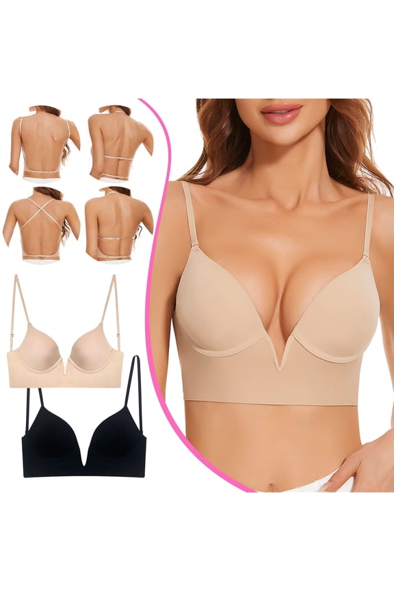 Women's Deep V Backless Bra U-Shaped Low Back Seamless Bra Push Up Underwire Bralette for Plunge Dress Anti-Sagging Shaping Lingerie