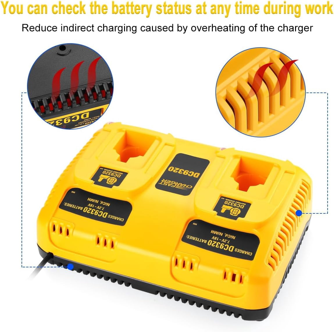 Dual DC9320 Fast Charger for Dewalt 18V Battery DW9116 Compatible with 7.2V-18V NiCD/NiMH DC9098 DC9096 DC9091 DE9057 DW9072