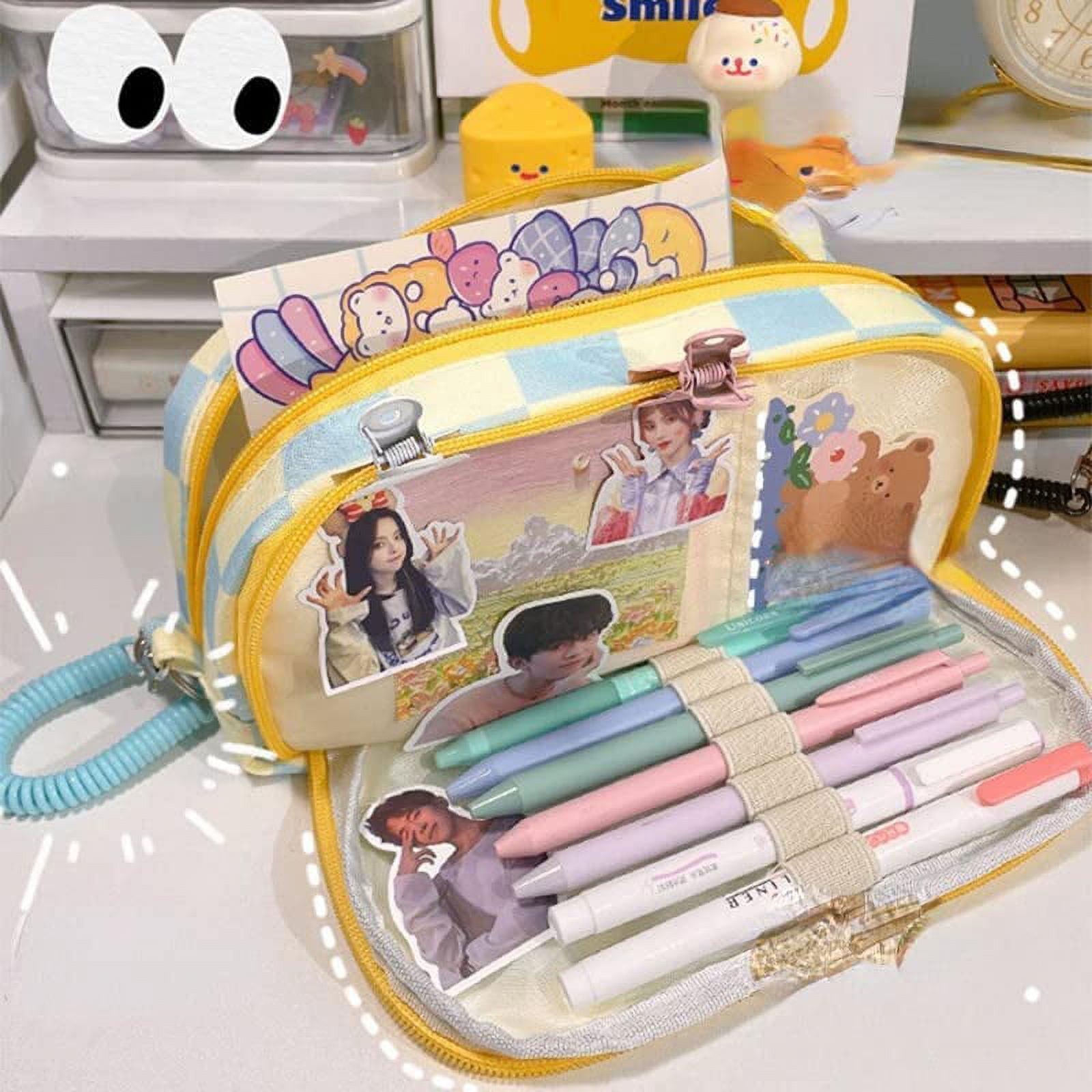 DanceeMangoo Pencil Bag Cute Strawberry Pattern Pencil Case Cartoon Pink  Pencil Bag with Bow School Stationery Supplies (White Strawberry) 