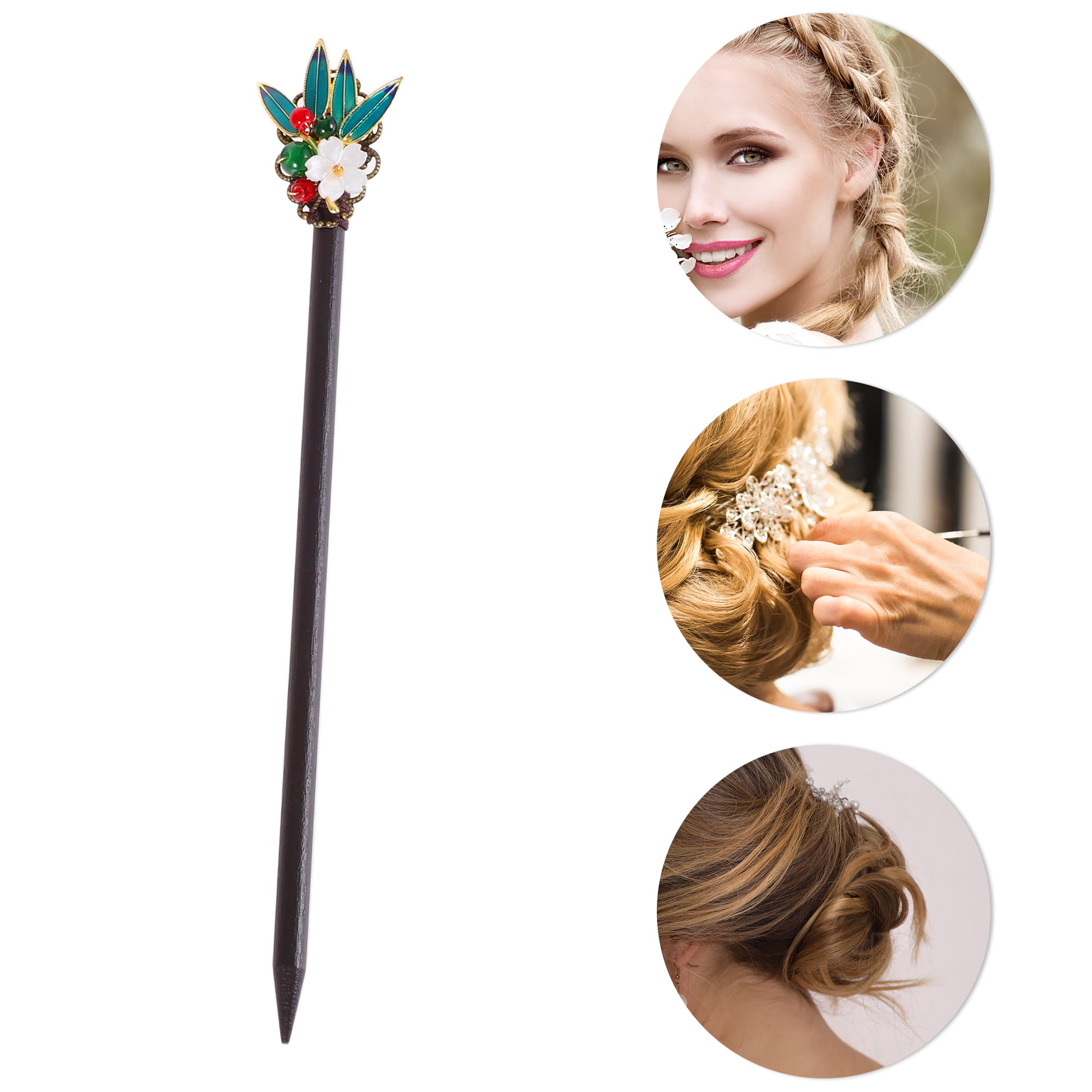 Unique Bargains Hair Chopstick 1 Pc Black, Pink, Green [Leaves Gardenia]