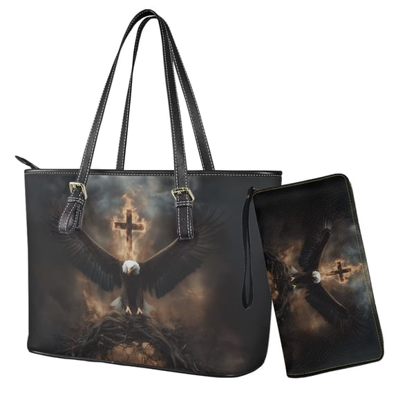 TSOVTHRID Eagle Cross Flame Print 2PCS Top Handle Purse and Wallet Set for Women Trendy Tote Shoulder Bag Black PU Leather Hobo Bag Satchel Handbag with Matching Wallet