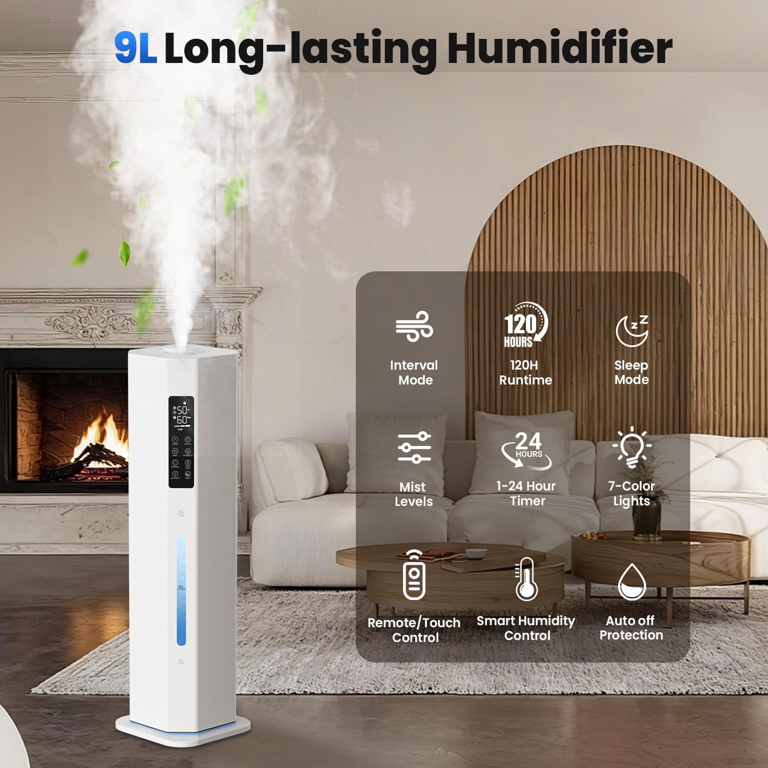2.38Gal/9L Top Fill Cool Mist Humidifier for Large Room 500ft² 120H Last with Auto Mode 7-Color Light Humidistat Aroma Box Quiet Humidifiers for Plants Baby & Adults
