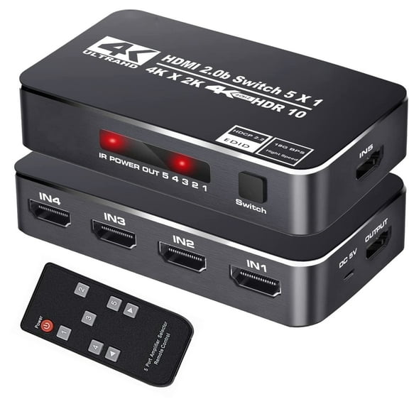 4K HDR HDMI Switch,AUBEAMTO HDMI Switcher 5x1 5 in 1 Out Ports 4K 60Hz HDMI 2.0 Switcher Selector with IR Remote, Supports Ultra HD Dolby Vision, High Speed (Max to 18.5Gbps), HDR10, HDCP 2.2 & 3D