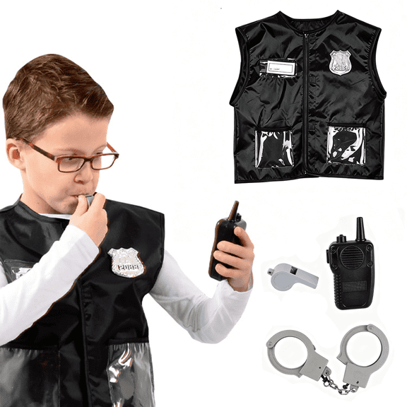 4 Pcs Costume Outfit Role‑play Vest Costume Set, Themed Dress‑up Outfit with Handcuffs, Whistle and Walkie‑Talkie Prop for Halloween Dress Up Party