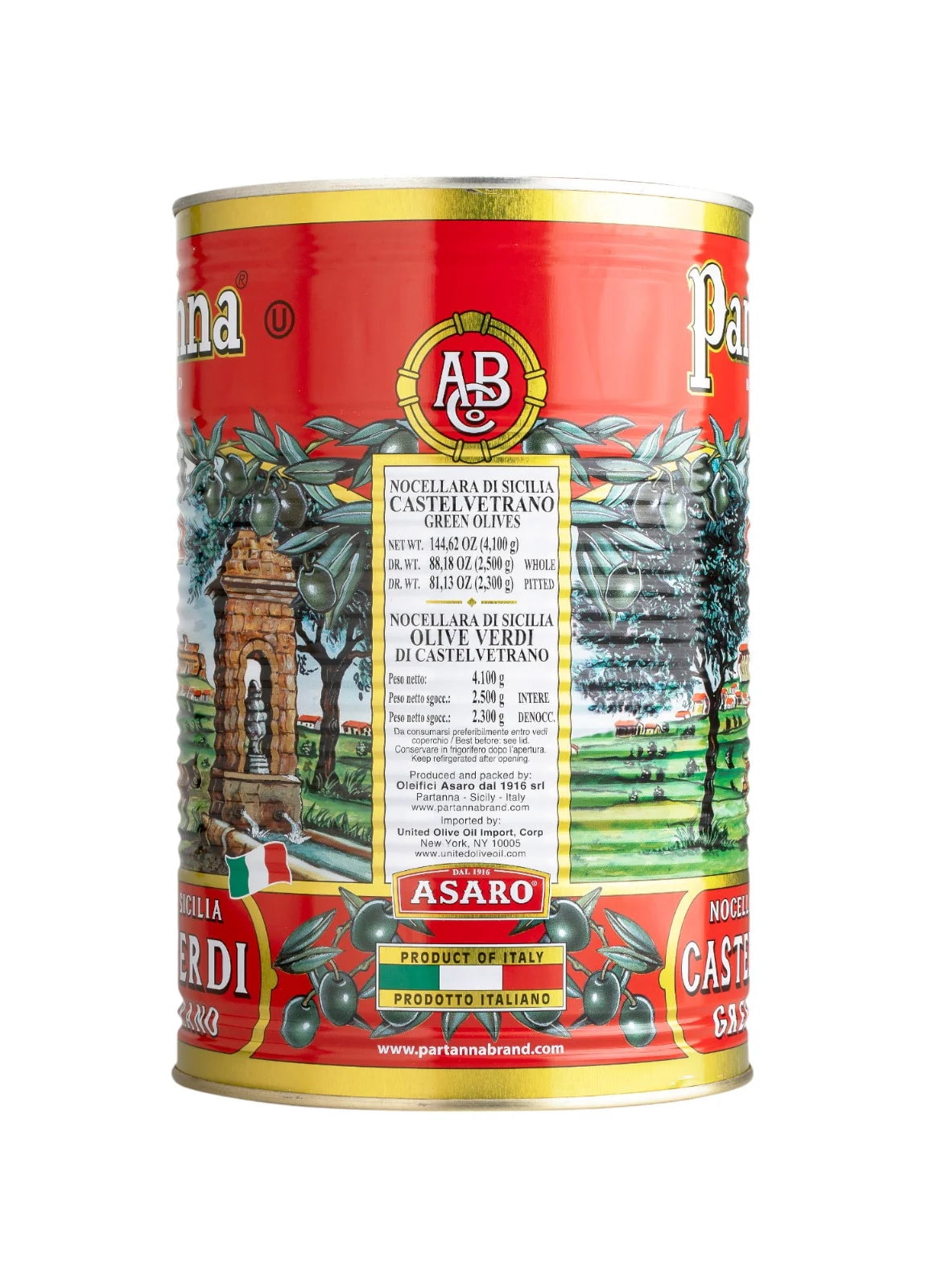 Partanna Pitted Castelvetrano Olives - Authentic Sicilian - Handpicked - Snacking-Aperitif-Cooking-Baking-Heart-Healthy- Keto & Paleo- Product Of Italy - 144oz (5.07 LBS) Can