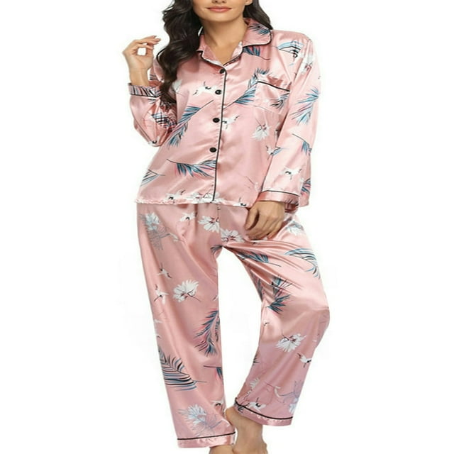 Women‘s Pajama Set Print Long Sleeve Button Down Tops + Pants 2-Piece Sleepwear Loungewear