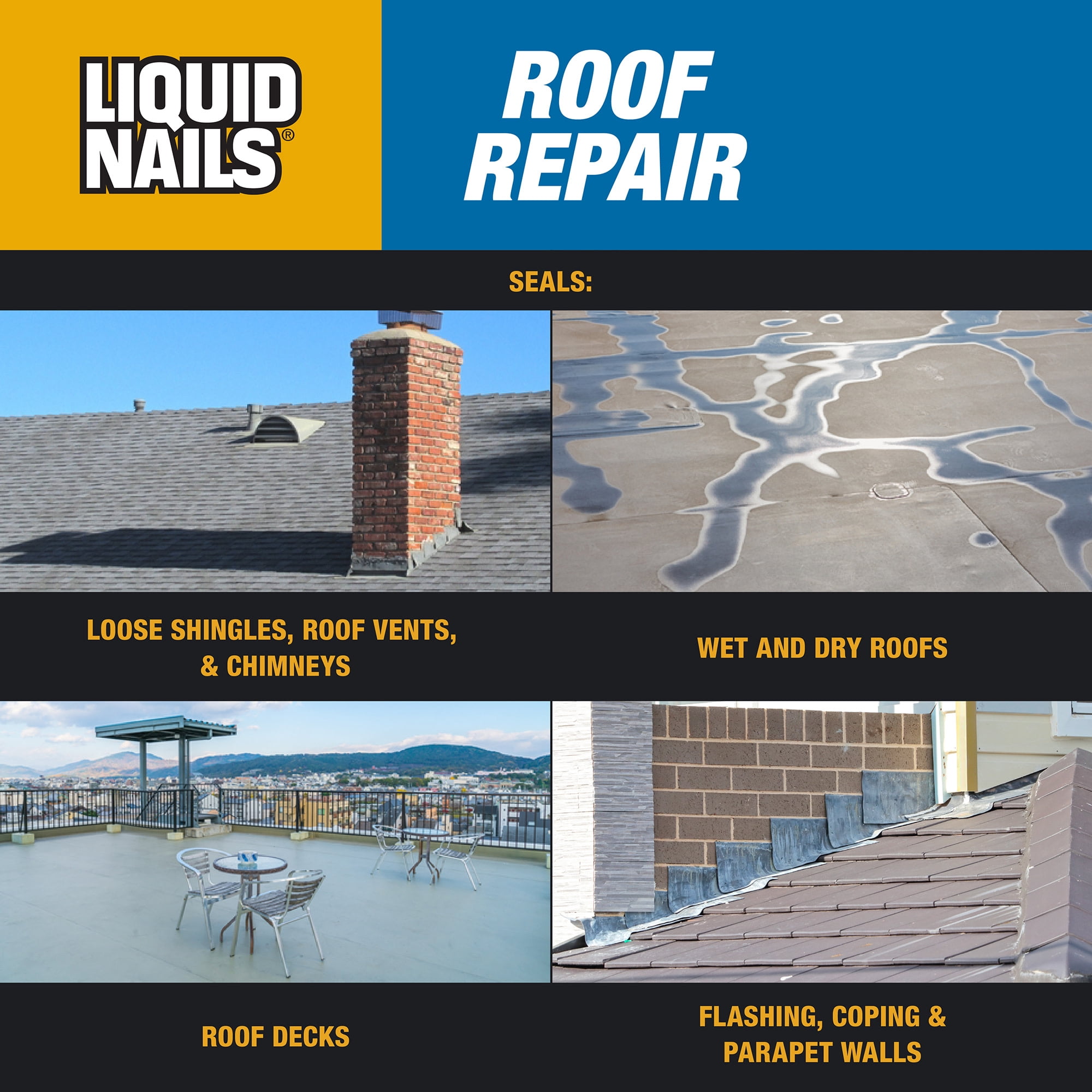 (4 pack) Liquid Nails Roof Repair 10.3 oz Black Exterior Waterproofing Roof Adhesive