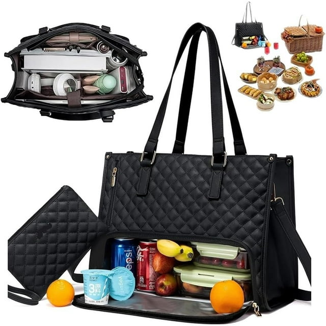 Packuum 3 in 1 Tote Bag, 2 In 1 Tote Bag Lunch Bag Combo, 15.6 Inch with Lunch Compartment, Laptop With Insulated Lunch Compartment (Black)