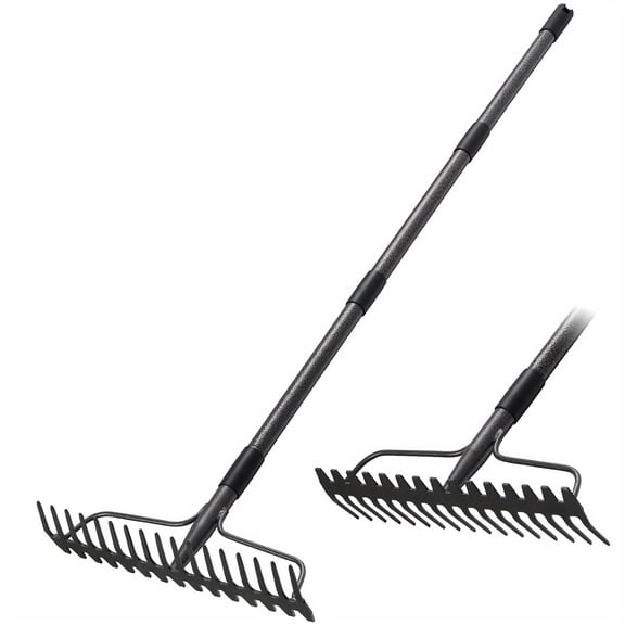 Heavy Duty Metal Bow Rake with Adjustable Long Handle, Garden Tool for Lawn & Yard Care