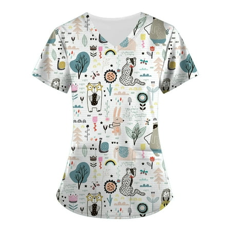 

Easter Scrubs Top for Women Workwear Revolution V-Neck Soft Stretch Shirts Casual Bunny Printed Lightweight T Shirts Uniform