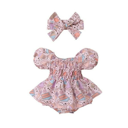 

B91xZ Girl Outfits Baby Girl Jumpsuit Bubble Sleeve Print Crawl Clothes Harness Summer Birthday Clothes Outfit (Sizes 9-12 Months)