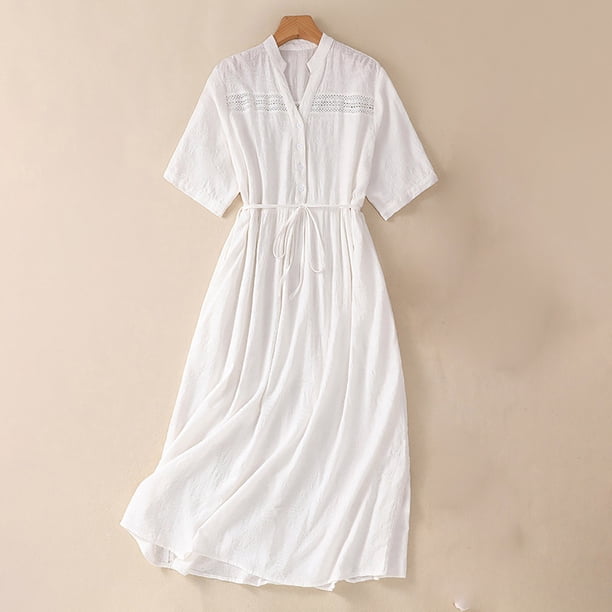Puntoco Vestido De Manga Corta De Algodón Y Lino Jacquard De Color Liso Para Mujer Cintura Media Blanco M,Regalos Para Mujer Joven