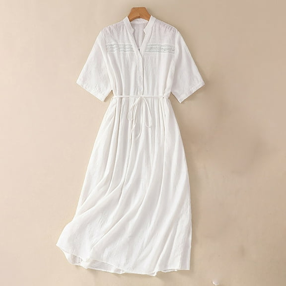 Cotton Linen Dresses for Women Casual Elbow-Length Sleeve Button V-Neck Lightweight Pleated Drawstring Waist Loose Floral Printed Comfort Midi Dress