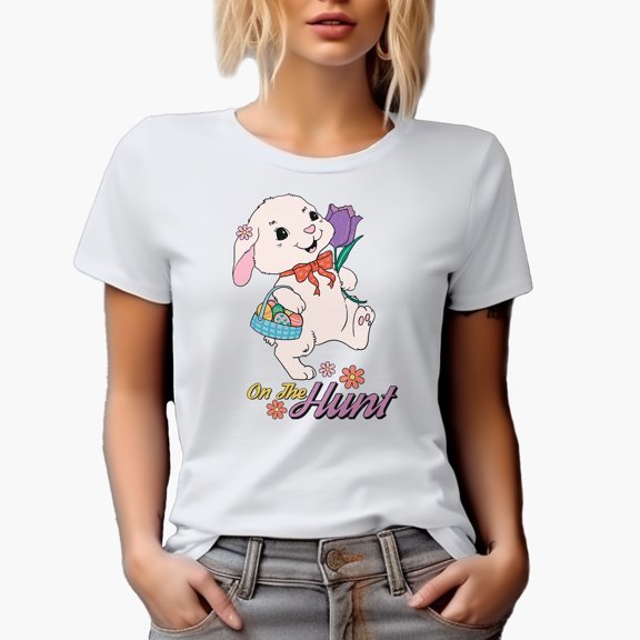 Distressed On the Hunt - Bunny Holding a Basket of Easter Eggs Art Favor or Merch Gift, White T-Shirt, Small