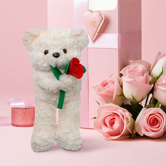 WIFKLSIIPG Children'S Day Gifts Brown and White Bear Hugging A Rose Soft Velvet Teddy Bear for And