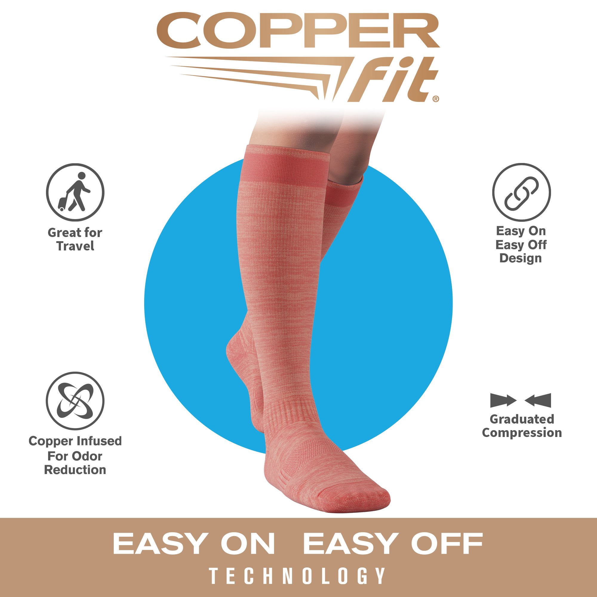 Copper Fit® Compression Socks, Copper Infused Easy-On/Off, 1-pair, Unisex, Heather Coral, S/M