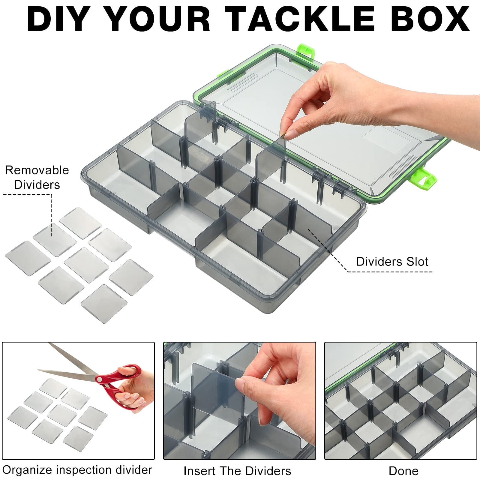 6 Pack Fishing Tackle Boxes, Waterproof Airtight Plastic Tackle Box, Transparent Plastic Tackle Storage Organizer with Adjustable Dividers for Terminal Tackle, Lures, Hooks and Baits
