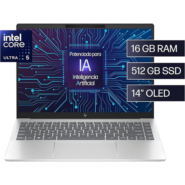 Laptop HP Pavilion Plus | Intel Core Ultra 5 | Pantalla OLED 2.8K | RAM 16GB | SSD 512GB | Windows 11 |Teclado en Español, Plata Natural.