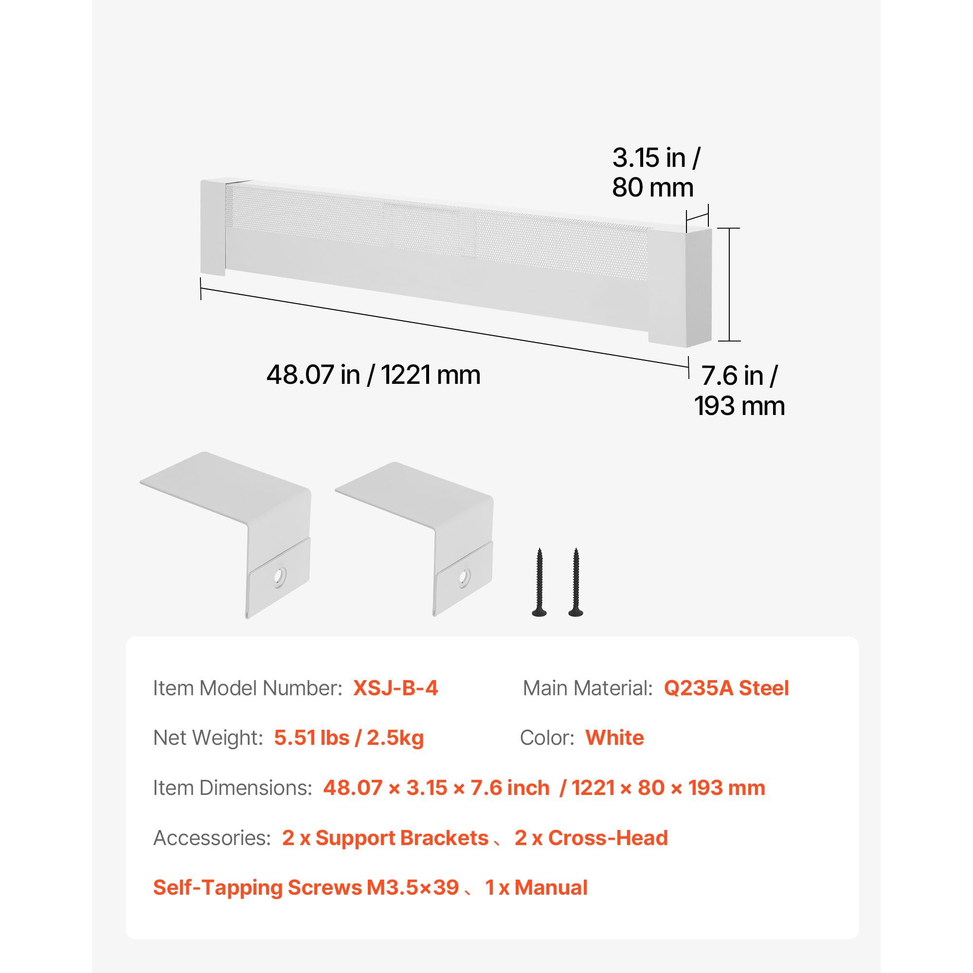 4ft Baseboard Heater Cover Replacement, Powder-Coated Steel, Ventilation Openings, Easy Installation, White Finish for Home Heating Upgrade
