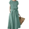 thumbnail image 5 of ZenCart Women's Boho Cotton Linen Maxi Dress Summer Short Sleeve Round Neck Long Dress with Belt And Pockets Casual Beach Sundress, 5 of 8