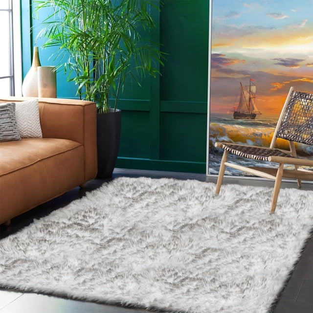 LAICAIW Machine Washable Area Rugs 5x8 White and Grey Tips Fluffy Rug for Living Room Fuzzy Large Rug Faux Sheepskin Rug for Bedroom Carpet Shag Rug Home Decor, Rectangle