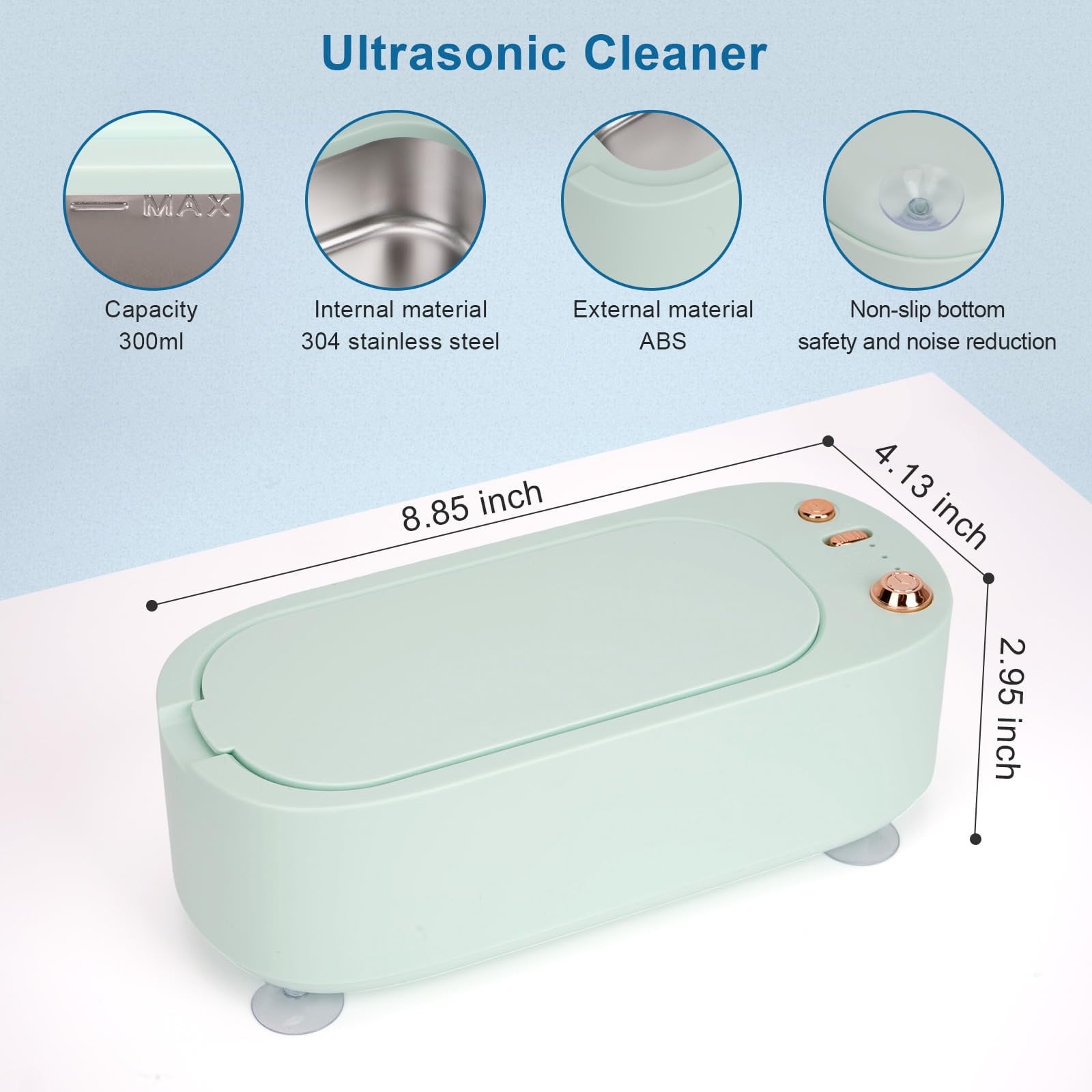 Ultrasonic Jewelry Cleaner Machine 300ML Portable - 45KHz Deep Cleaner for Glasses Watches Dentures with 3 Modes (Green)​