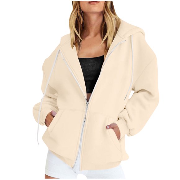 Beige Loose Fit Outfit for Women Fall Winter Long Sleeve Brunch Hooded Basic Hoods Outfits Sweatshirt Women Zip Up 2025 Clothes Fashion Country Concert S