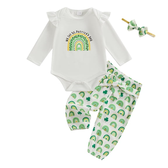 Elippeo Baby Girls Irish Day Outfits 3M 6M 9M 12M 18M St Patricks Day Long Sleeve Rainbow Letter Print Romper Pants Headband Set Infant Clothes