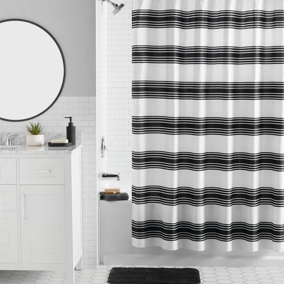 Mainstays 16-Piece Black Stripe Shower Curtain Bathroom Set – Fabric Curtain with Rug, Hooks, Soap Dispenser & Accessories