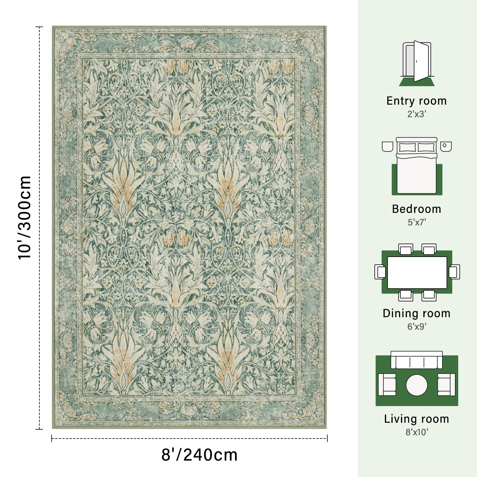 8x10 Area Rugs for Living Room, Washable Area Rugs with Non-Slip Backing, Boho Floral Vintage Carpets Low Pile for Dining Room, Bedroom, Home Office, Indoor, Nursery, Apartment.