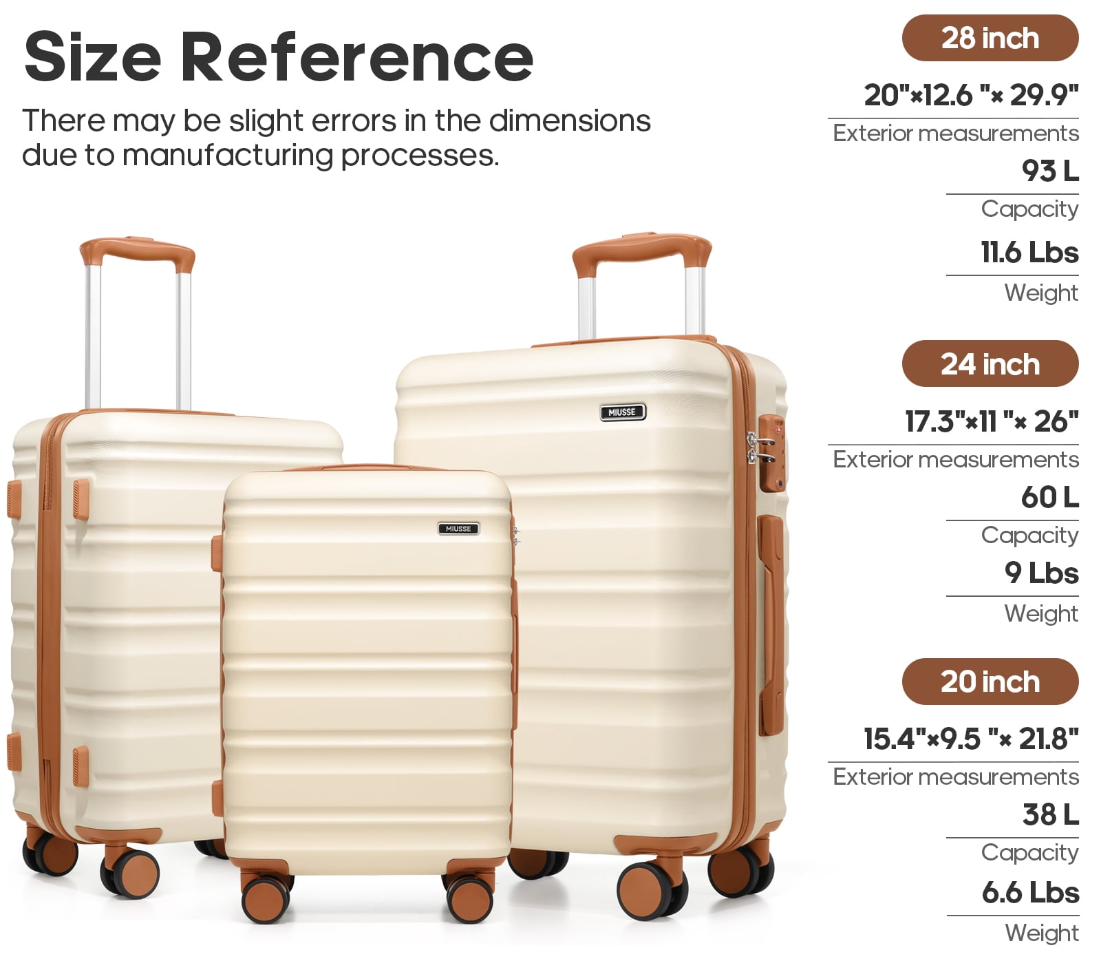 MIUSSE Hard Shell Luggage Sets, 3 Piece Luggage Set, 20/24/28 IN Carry On Luggage with TSA Lock Spinner Wheels, Hard Shell Suitcases Women Men